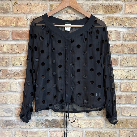 J. Crew Tops - J. Crew Sheer Black Top w/ Velvet Polka Dots & Ruched Sleeves